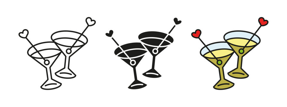 Martini cocktail icon. Alcohol drinks bar vector illustration. Party cocktail beverage with olive on a stick symbol. Appetizer or aperitif sign. Champagne or martini cocktail glass with heart sticks.
