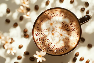 A cup of strong cappuccino coffee with coffee beans. Many cups of coffee with crema and floral pattern.