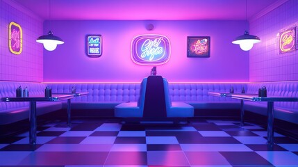 Retro diner interior with neon signs, booths, and checkered floor.