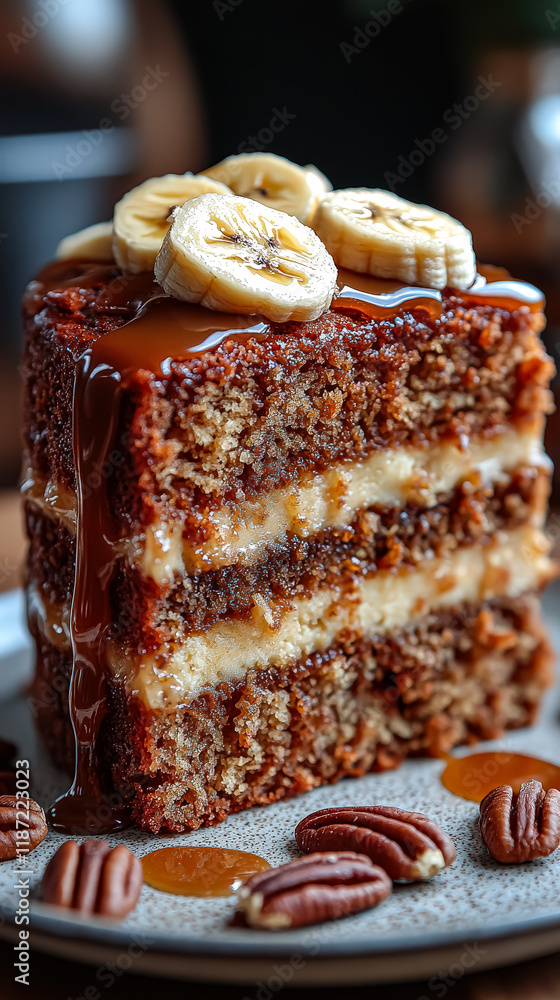 Poster slice of banana cake with caramel drizzle on top. the cake is cut into layers and has a banana on to