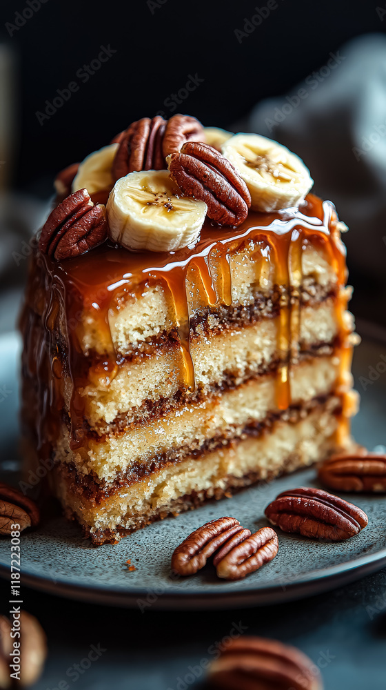 Poster slice of banana cake with caramel drizzle on top. the cake is cut into layers and has a banana on to