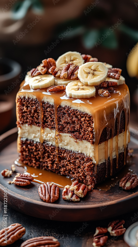 Poster slice of banana cake with caramel drizzle on top. the cake is cut into layers and has a banana on to