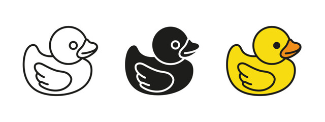 Bath duck icon. Duck toy vector illustration. Cute rubber baby duckling symbol. Inflatable floating duck toy sign. Bathing plastic toy pictogram. Water bird animal concept isolated.