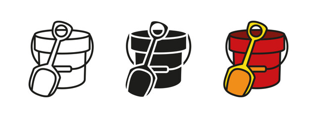 Bucket and shovel toy icon. Sandbox toys vector illustration. Beach spade and pail symbol. Children outdoor toys sign. Childhood summer leisure pictogram. Kids play sand bucket and spatula concept.