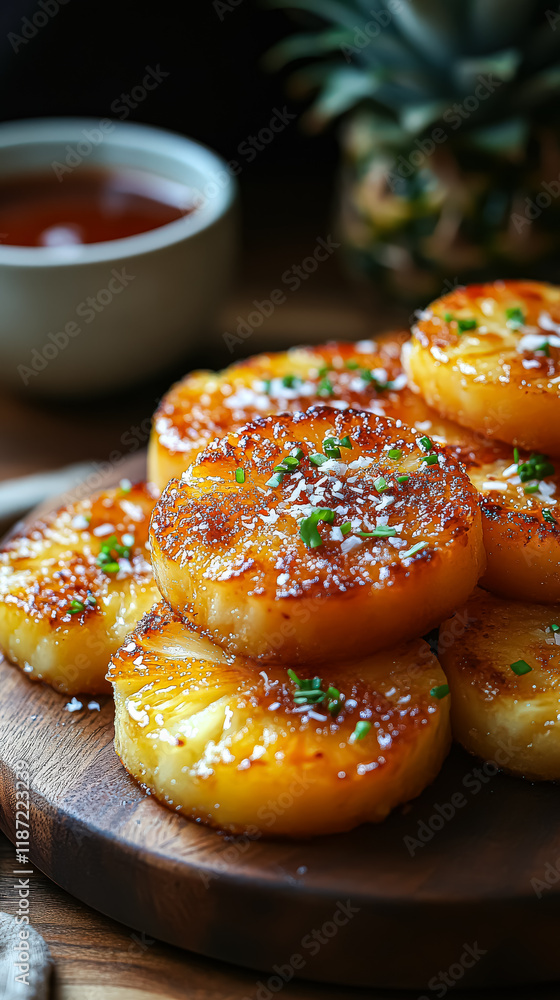 Poster white plate filled with a variety of pineapple slices topped with coconut. the plate is piled high w