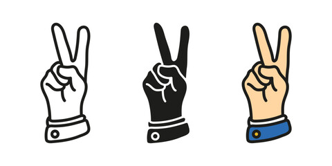 Peace gesture icon. Peace two fingers hand sign. Victory human palm symbol. V 2 fingers pictogram. Hand showing freedom or success gesture vector illustration. Winner hand sign concept.