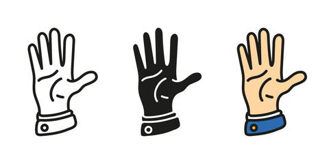 Greeting hand gesture icon. Human arm rising up vector illustration. Open palm showing stop symbol. Five fingers pictogram. Hand with suit concept.