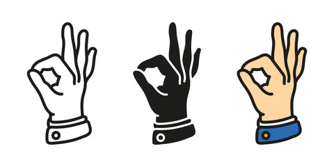 Ok hand sign. Okay gesture vector illustration. Yes pr Good hand symbol. Positive approval pictogram. Alright or perfect finger gesture. Human arm showing positive signal isolated concept.