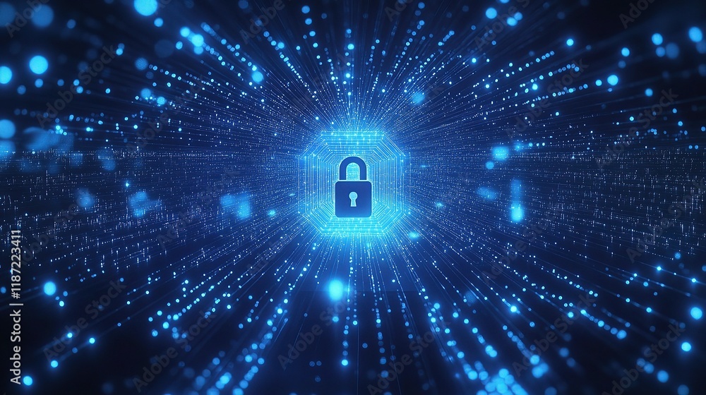Poster concept of protecting cybersecurity with digital lock and data flow
