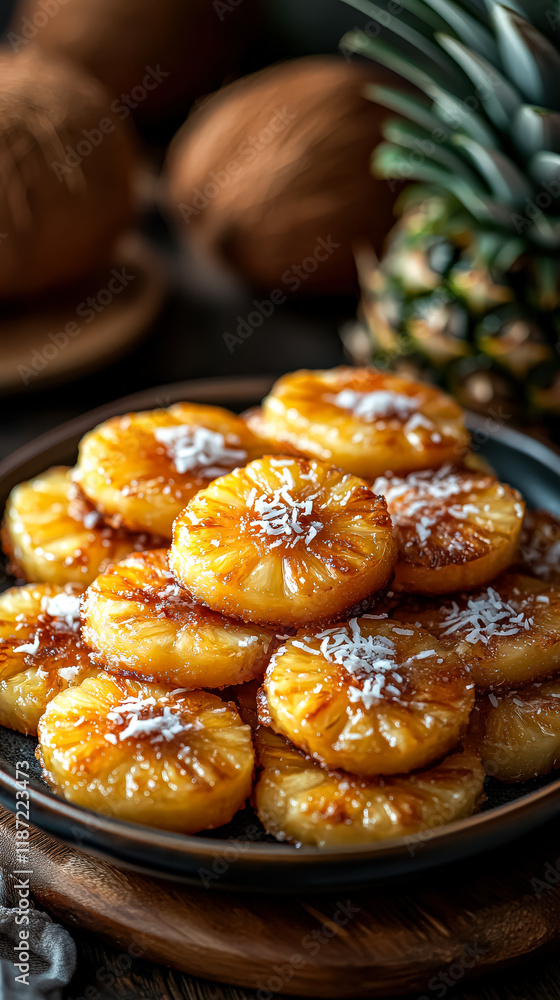 Aufkleber white plate filled with a variety of pineapple slices topped with coconut. the plate is piled high w