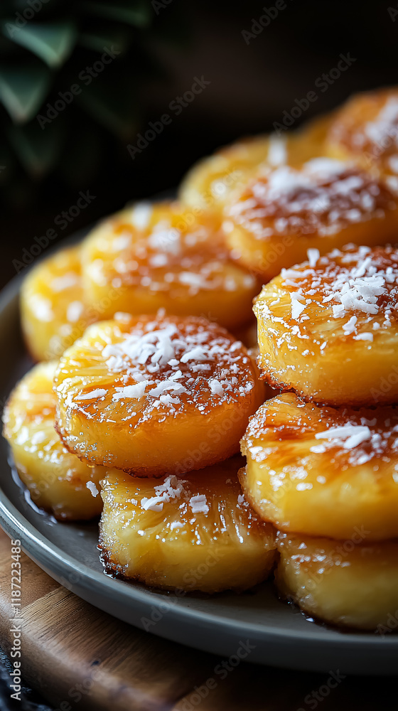 Poster white plate filled with a variety of pineapple slices topped with coconut. the plate is piled high w