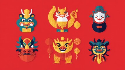 Colorful Asian Dragon Masks and Festive Lanterns