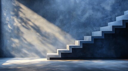 Modern concrete stairs against a blue wall with sunlight.