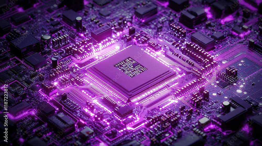 Poster vivid purple circuit board design with intricate lines and patterns