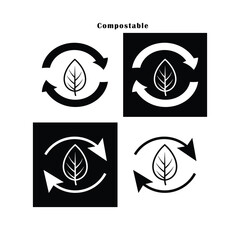 Compostable icons. Compostable icon vector. Recycling and Environmental Icons. Vector icons for product packaging and labels.