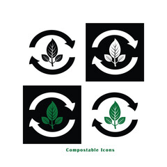 Compostable icons. Compostable icon vector. Recycling and Environmental Icons. Vector icons for product packaging and labels.