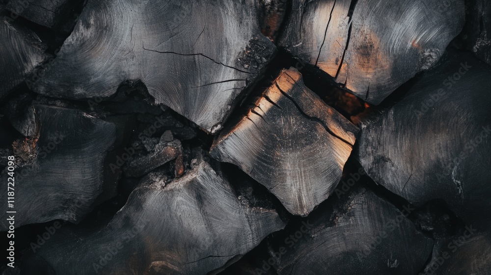 Aufkleber Close up view of charred wood logs, revealing intricate textures and patterns formed by burning, creating a dramatic and evocative background