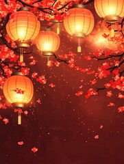Festive Asian Lanterns Cherry Blossoms Chinese New Year Background