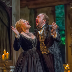 man and woman, opera singers, sing an aria on the theater stage, in period costumes