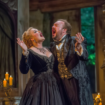 man and woman, opera singers, sing an aria on the theater stage, in period costumes