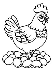 Fototapeta premium Cartoon Chicken on Egg Pile - Minimalist Coloring Page for All Ages