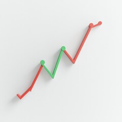 Minimalist dual-chart overlay with one green upward and one red downward line, floating on a pure white background with copy space