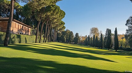 Italian villa garden, sunny day, cypress trees, manicured lawn, autumn