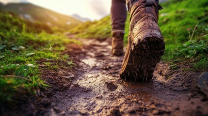 Fototapeta premium Walking through muddy trail in the mountains