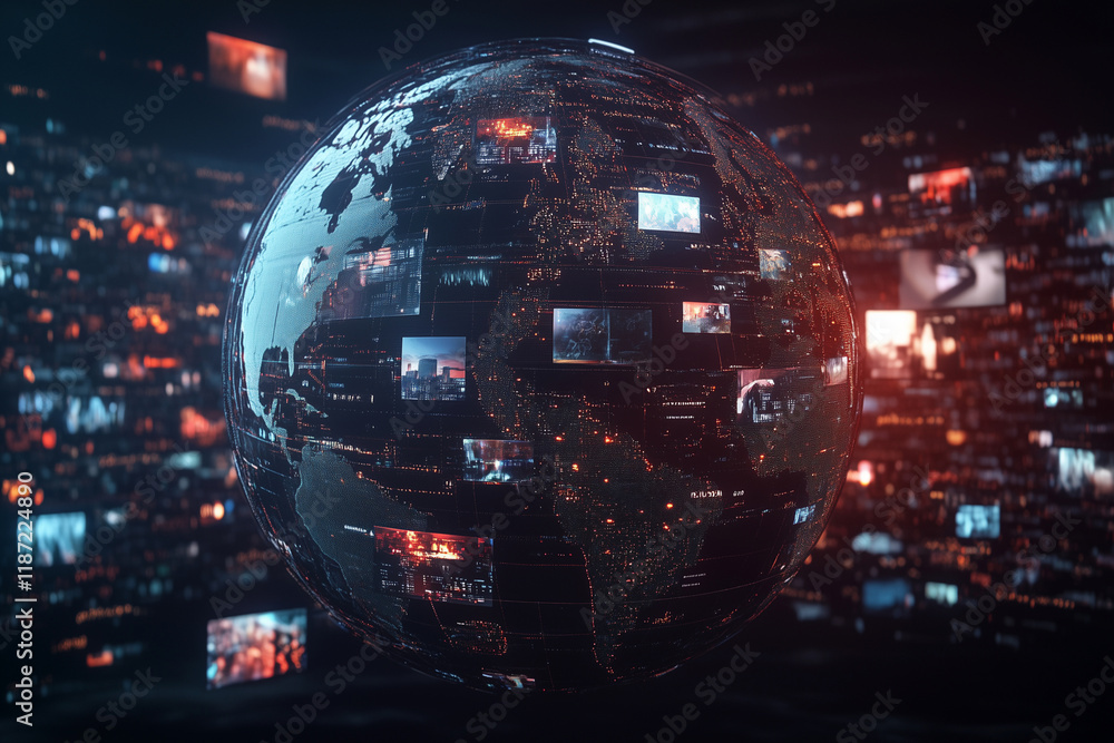 Poster globe with many images on it, including a few that look like they are from the news