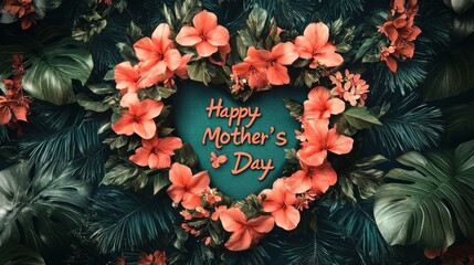 Heart-shaped floral decoration celebrating Mother's Day with vibrant flowers and greenery in a lush backdrop