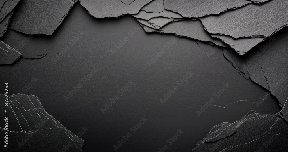 Poster dark stone wall with a close-up view of textured slate surfaces featuring intricate patterns and a r