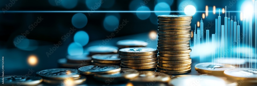 Poster gold coins stacked on a dark surface, with a growing graph in the background, representing increasin