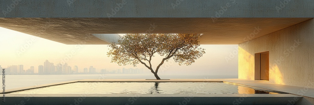Poster minimalist architecture featuring a tree and reflecting pool overlooking a city