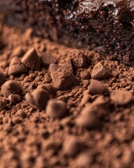 Close-up of chocolate brownie pieces and cocoa powder. Rich, dark brown tones and textures.