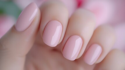 Close-up of perfectly manicured nails, pale pink polish, soft-focus rose background, showcasing beauty and nail care