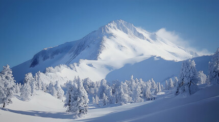 Majestic snow-covered mountain peak under a clear blue sky