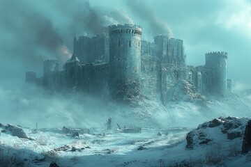 Fototapeta premium Ruined castle, snowy landscape, haunting atmosphere.