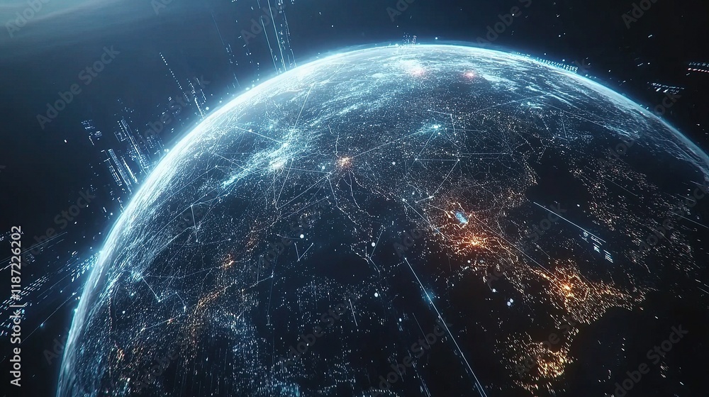 Aufkleber rotating 3d earth with digital network lines and global connections