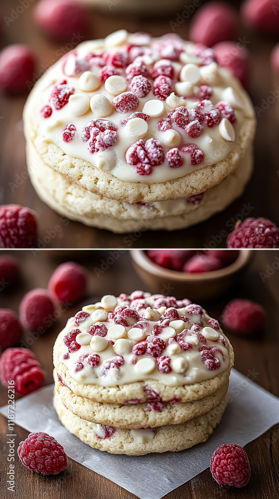 Poster close up of a raspberry cookie with a white frosting. the cookie is stacked on top of another cookie