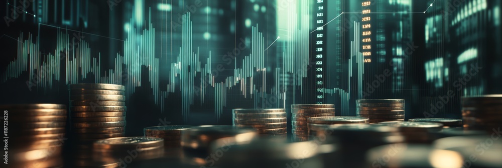 Poster stacks of coins are arranged to depict growth and investment in the financial market, with an overla