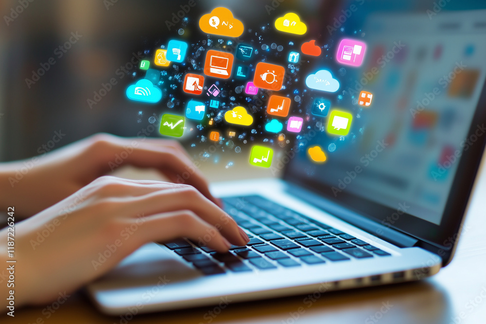 Poster laptop screen shows a person typing on a keyboard with a colorful background of various icons and ap