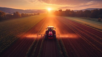 Tractor working a field at sunset.