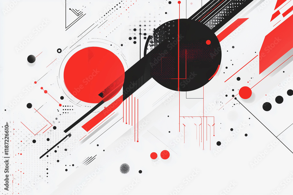 Poster white background with red and black shapes. the shapes are in different sizes and are scattered all 