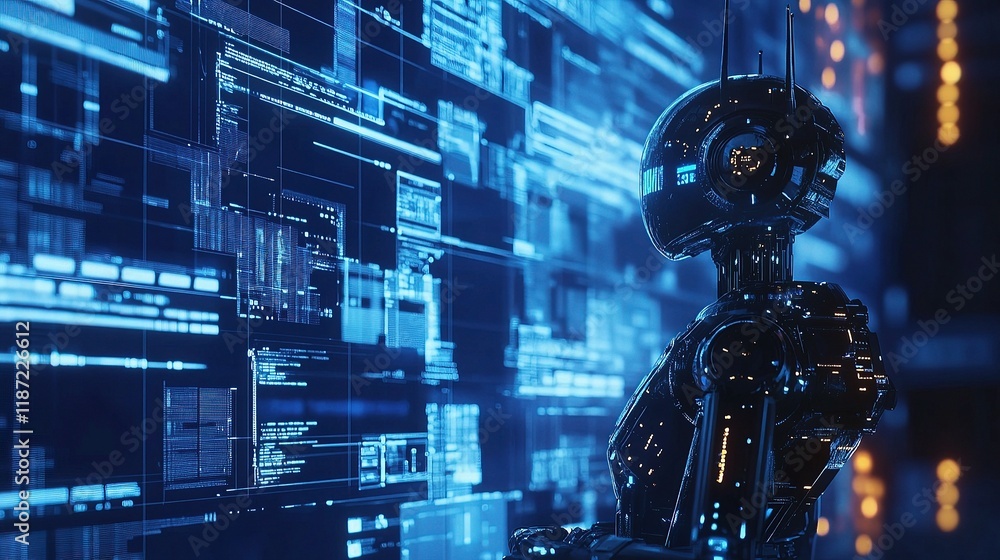 Poster futuristic robot analyzing data in a high-tech environment