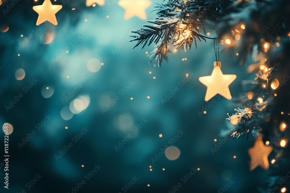 Poster tree with snow on it and stars hanging from it. the stars are lit up and the tree is surrounded by a