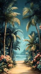 Fototapeta premium Tropical beach path with palm trees and flowers leading to ocean.
