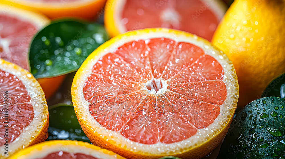 Poster close up of a grapefruit with a slice missing. the grapefruit is surrounded by green leaves