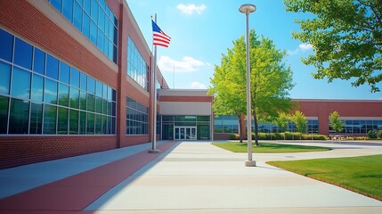 Obraz premium Modern school building exterior with flag.