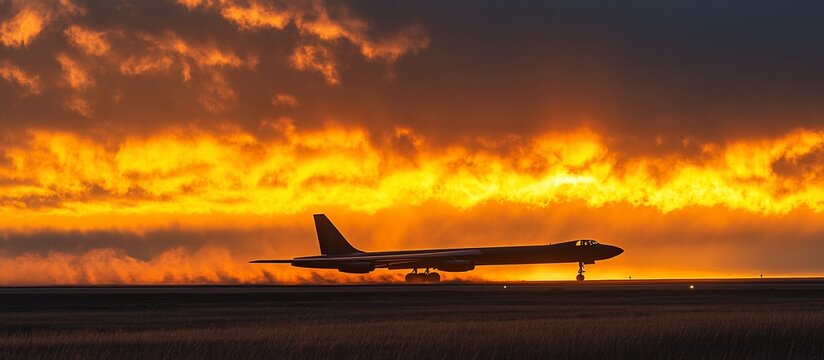 Fiery Sunset Silhouette: B-52 Stratofortress Taking Off