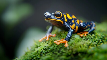 Fototapeta premium Vibrant close-up of a brightly colored frog perched on lush moss in a tropical rainforest
